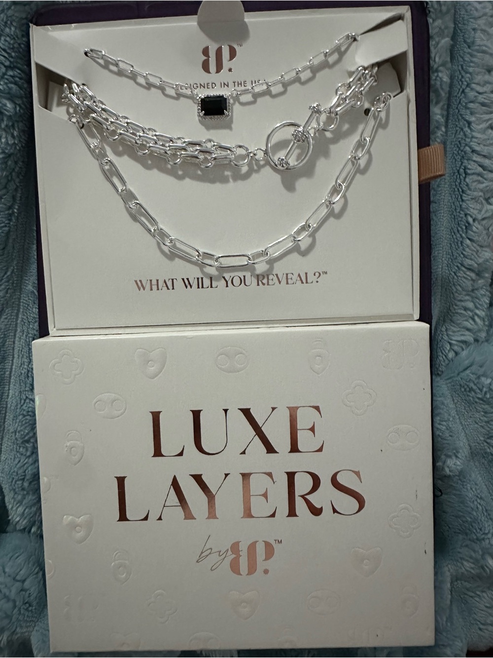 bp Silver Layered Chain Necklace with Black Stone
